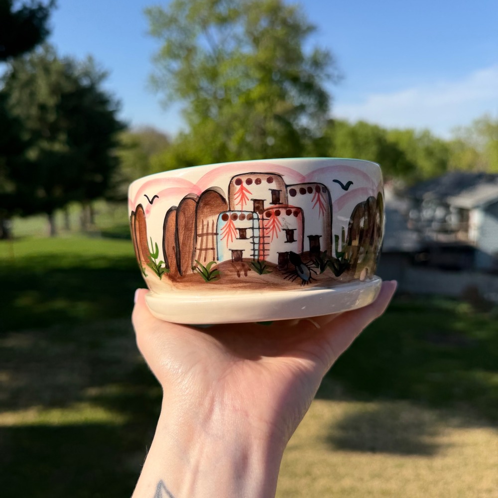 Vintage Southwestern Hand Painted Ceramic Bowl Kokopelli Pueblo Desert Scene